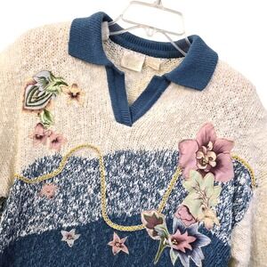 Vintage Needles & Yarn Floral Applique Sweater‎ Womens Large Cottagecore Grandma